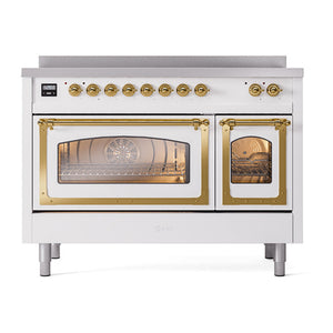 ILVE Nostalgie II 48-Inch Induction Range with 6 Induction Elements, 5.02 cu. ft. Oven, White with Brass Trim, Triple Glass Door, UNI486NMPWHG