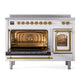 ILVE Nostalgie II 48-Inch Induction Range with 6 Induction Elements, 5.02 cu. ft. Oven, White with Brass Trim, Triple Glass Door, UNI486NMPWHG