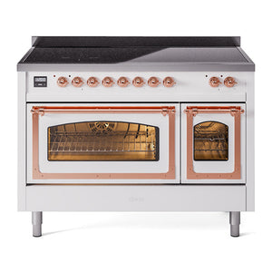 ILVE Nostalgie II 48-Inch Induction Range with 6 Induction Elements, 5.02 cu. ft. Oven, White with Copper Trim, Triple Glass Door, UNI486NMPWHP