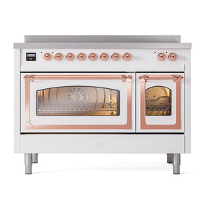 ILVE Nostalgie II 48-Inch Induction Range with 6 Induction Elements, 5.02 cu. ft. Oven, White with Copper Trim, Triple Glass Door, UNI486NMPWHP
