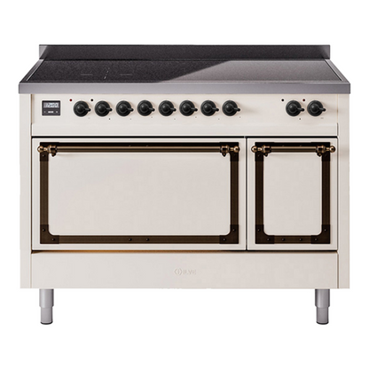 ILVE Nostalgie II 48-Inch Induction Range with 6 Induction Elements, 5.02 cu. ft. Oven, Antique White with Burnished Trim, Solid Door, UNI486QNMPAWB