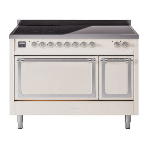 ILVE Nostalgie II 48-Inch Induction Range with 6 Induction Elements, 5.02 cu. ft. Oven, Antique White with Chrome Trim, Solid Door, UNI486QNMPAWC