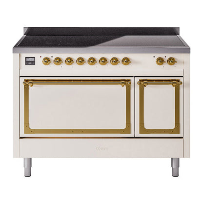 ILVE Nostalgie II 48-Inch Induction Range with 6 Induction Elements, 5.02 cu. ft. Oven, Antique White with Brass Trim, Solid Door, UNI486QNMPAWG