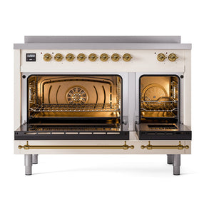 ILVE Nostalgie II 48-Inch Induction Range with 6 Induction Elements, 5.02 cu. ft. Oven, Antique White with Brass Trim, Solid Door, UNI486QNMPAWG