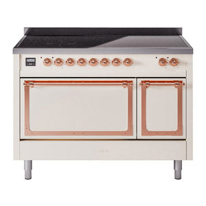 ILVE Nostalgie II 48-Inch Induction Range with 6 Induction Elements, 5.02 cu. ft. Oven, Antique White with Copper Trim, Solid Door, UNI486QNMPAWP