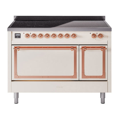 ILVE Nostalgie II 48-Inch Induction Range with 6 Induction Elements, 5.02 cu. ft. Oven, Antique White with Copper Trim, Solid Door, UNI486QNMPAWP