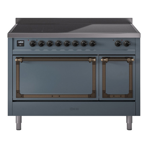 ILVE Nostalgie II 48-Inch Induction Range with 6 Induction Elements, 5.02 cu. ft. Oven, Blue Grey with Burnished Trim, Solid Door, UNI486QNMPBGB