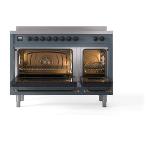 ILVE Nostalgie II 48-Inch Induction Range with 6 Induction Elements, 5.02 cu. ft. Oven, Blue Grey with Burnished Trim, Solid Door, UNI486QNMPBGB