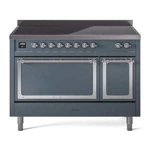 ILVE Nostalgie II 48-Inch Induction Range with 6 Induction Elements, 5.02 cu. ft. Oven, Blue Grey with Chrome Trim, Solid Door, UNI486QNMPBGC