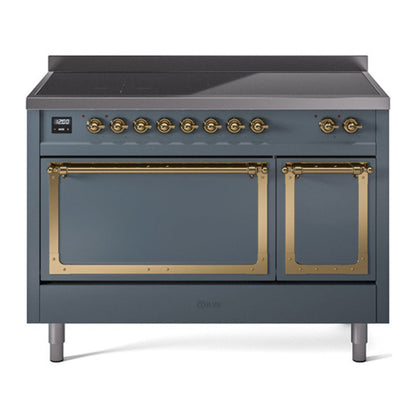 ILVE Nostalgie II 48-Inch Induction Range with 6 Induction Elements, 5.02 cu. ft. Oven, Blue Grey with Brass Trim, Solid Door, UNI486QNMPBGG