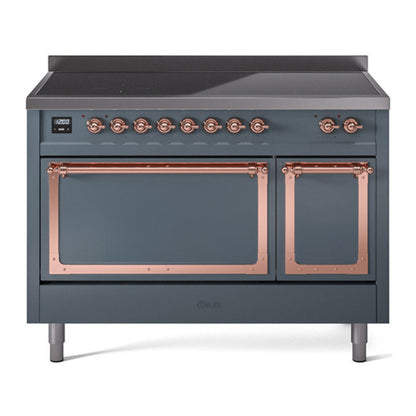 ILVE Nostalgie II 48-Inch Induction Range with 6 Induction Elements, 5.02 cu. ft. Oven, Blue Grey with Copper Trim, Solid Door, UNI486QNMPBGP