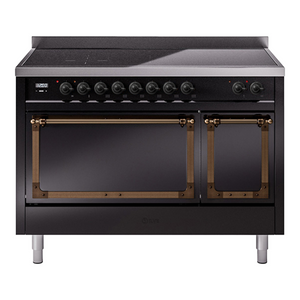 ILVE Nostalgie II 48-Inch Induction Range with 6 Induction Elements, 5.02 cu. ft. Oven, Glossy Black with Burnished Trim, Solid Door, UNI486QNMPBKB