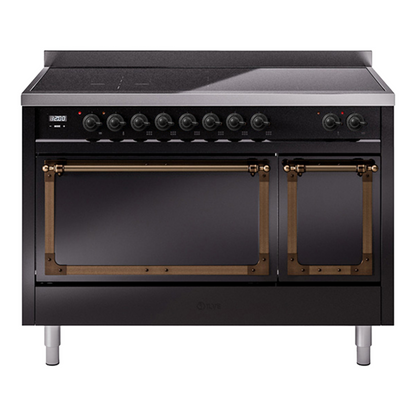 ILVE Nostalgie II 48-Inch Induction Range with 6 Induction Elements, 5.02 cu. ft. Oven, Glossy Black with Burnished Trim, Solid Door, UNI486QNMPBKB