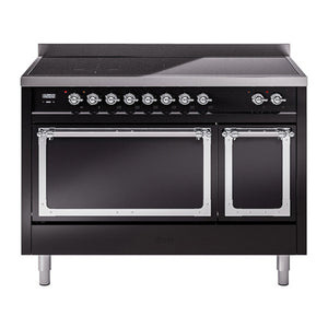 ILVE Nostalgie II 48-Inch Induction Range with 6 Induction Elements, 5.02 cu. ft. Oven, Glossy Black with Chrome Trim, Solid Door, UNI486QNMPBKC