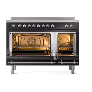 ILVE Nostalgie II 48-Inch Induction Range with 6 Induction Elements, 5.02 cu. ft. Oven, Glossy Black with Chrome Trim, Solid Door, UNI486QNMPBKC