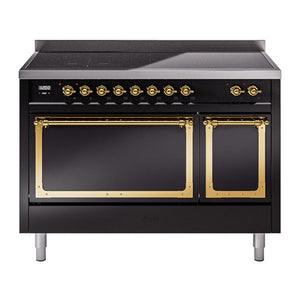 ILVE Nostalgie II 48-Inch Induction Range with 6 Induction Elements, 5.02 cu. ft. Oven, Glossy Black with Brass Trim, Solid Door, UNI486QNMPBKG