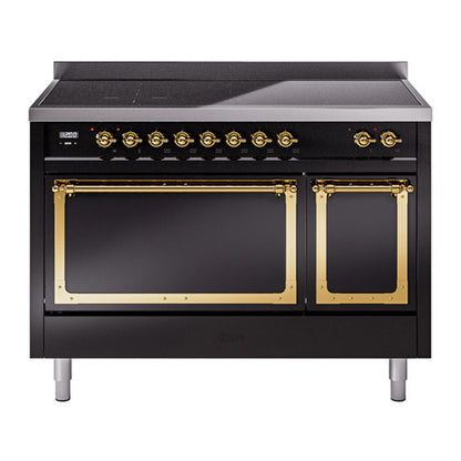 ILVE Nostalgie II 48-Inch Induction Range with 6 Induction Elements, 5.02 cu. ft. Oven, Glossy Black with Brass Trim, Solid Door, UNI486QNMPBKG