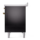 ILVE Nostalgie II 48-Inch Induction Range with 6 Induction Elements, 5.02 cu. ft. Oven, Glossy Black with Brass Trim, Solid Door, UNI486QNMPBKG