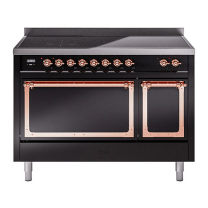 ILVE Nostalgie II 48-Inch Induction Range with 6 Induction Elements, 5.02 cu. ft. Oven, Glossy Black with Copper Trim, Solid Door, UNI486QNMPBKP