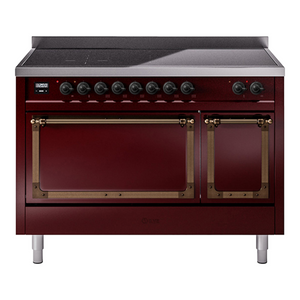 ILVE Nostalgie II 48-Inch Induction Range with 6 Induction Elements, 5.02 cu. ft. Oven, Burgundy with Burnished Trim, Solid Door, UNI486QNMPBUB