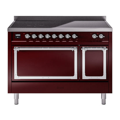 ILVE Nostalgie II 48-Inch Induction Range with 6 Induction Elements, 5.02 cu. ft. Oven, Burgundy with Chrome Trim, Solid Door, UNI486QNMPBUC