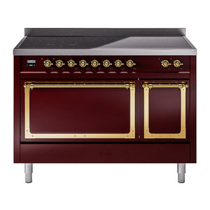 ILVE Nostalgie II 48-Inch Induction Range with 6 Induction Elements, 5.02 cu. ft. Oven, Burgundy with Brass Trim, Solid Door, UNI486QNMPBUG
