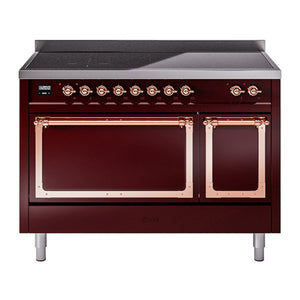 ILVE Nostalgie II 48-Inch Induction Range with 6 Induction Elements, 5.02 cu. ft. Oven, Burgundy with Copper Trim, Solid Door, UNI486QNMPBUP