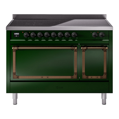 ILVE Nostalgie II 48-Inch Induction Range with 6 Induction Elements, 5.02 cu. ft. Oven, Emerald Green with Burnished Trim, Solid Door, UNI486QNMPEGB