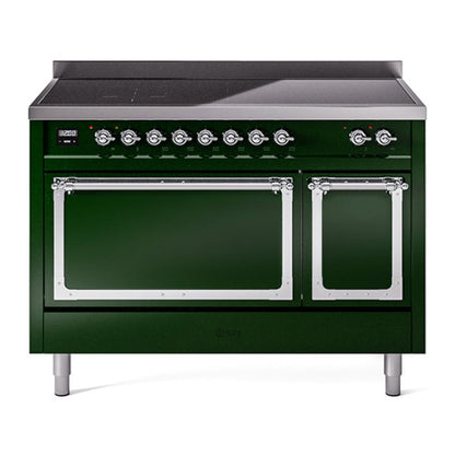 ILVE Nostalgie II 48-Inch Induction Range with 6 Induction Elements, 5.02 cu. ft. Oven, Emerald Green with Chrome Trim, Solid Door, UNI486QNMPEGC