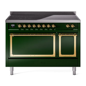ILVE Nostalgie II 48-Inch Induction Range with 6 Induction Elements, 5.02 cu. ft. Oven, Emerald Green with Brass Trim, Solid Door, UNI486QNMPEGG