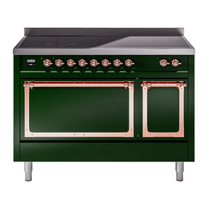 ILVE Nostalgie II 48-Inch Induction Range with 6 Induction Elements, 5.02 cu. ft. Oven, Emerald Green with Copper Trim, Solid Door, UNI486QNMPEGP