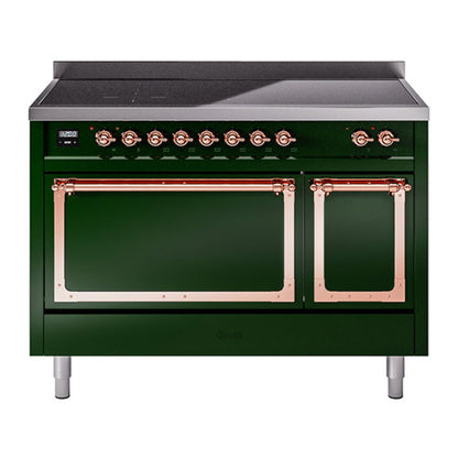 ILVE Nostalgie II 48-Inch Induction Range with 6 Induction Elements, 5.02 cu. ft. Oven, Emerald Green with Copper Trim, Solid Door, UNI486QNMPEGP