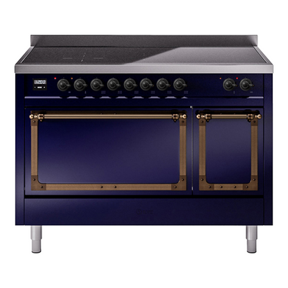 ILVE Nostalgie II 48-Inch Induction Range with 6 Induction Elements, 5.02 cu. ft. Oven, Midnight Blue with Burnished Trim, Solid Door, UNI486QNMPMBB
