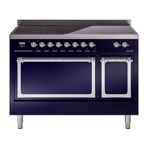 ILVE Nostalgie II 48-Inch Induction Range with 6 Induction Elements, 5.02 cu. ft. Oven, Midnight Blue with Chrome Trim, Solid Door, UNI486QNMPMBC