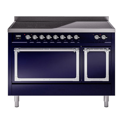 ILVE Nostalgie II 48-Inch Induction Range with 6 Induction Elements, 5.02 cu. ft. Oven, Midnight Blue with Chrome Trim, Solid Door, UNI486QNMPMBC