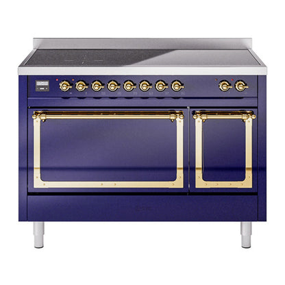 ILVE Nostalgie II 48-Inch Induction Range with 6 Induction Elements, 5.02 cu. ft. Oven, Midnight Blue with Brass Trim, Solid Door, UNI486QNMPMBG