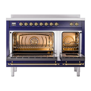 ILVE Nostalgie II 48-Inch Induction Range with 6 Induction Elements, 5.02 cu. ft. Oven, Midnight Blue with Brass Trim, Solid Door, UNI486QNMPMBG