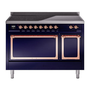 ILVE Nostalgie II 48-Inch Induction Range with 6 Induction Elements, 5.02 cu. ft. Oven, Midnight Blue with Copper Trim, Solid Door, UNI486QNMPMBP