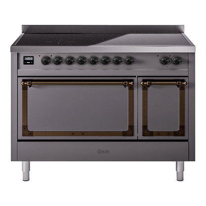 ILVE Nostalgie II 48-Inch Induction Range with 6 Induction Elements, 5.02 cu. ft. Oven, Graphite Matte with Burnished Trim, Solid Door, UNI486QNMPMGB