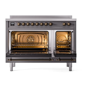 ILVE Nostalgie II 48-Inch Induction Range with 6 Induction Elements, 5.02 cu. ft. Oven, Graphite Matte with Burnished Trim, Solid Door, UNI486QNMPMGB