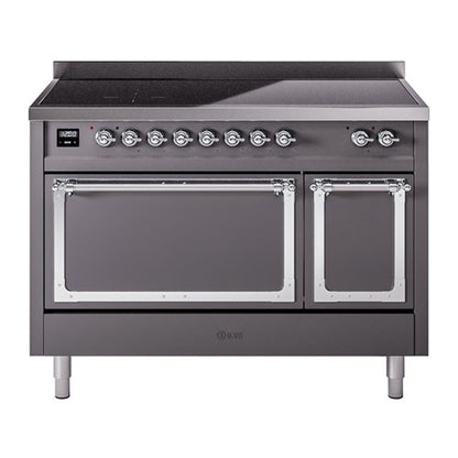 ILVE Nostalgie II 48-Inch Induction Range with 6 Induction Elements, 5.02 cu. ft. Oven, Graphite Matte with Chrome Trim, Solid Door, UNI486QNMPMGC