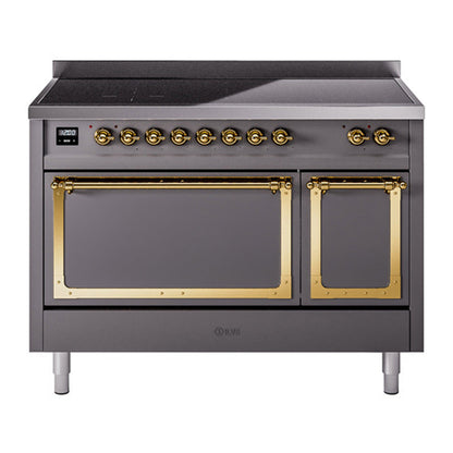 ILVE Nostalgie II 48-Inch Induction Range with 6 Induction Elements, 5.02 cu. ft. Oven, Graphite Matte with Brass Trim, Solid Door, UNI486QNMPMGG
