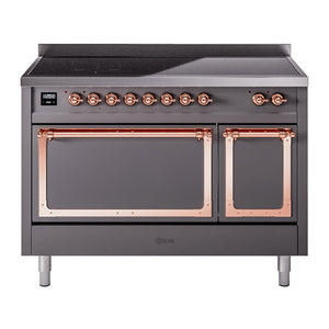 ILVE Nostalgie II 48-Inch Induction Range with 6 Induction Elements, 5.02 cu. ft. Oven, Graphite Matte with Copper Trim, Solid Door, UNI486QNMPMGP