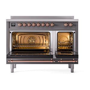 ILVE Nostalgie II 48-Inch Induction Range with 6 Induction Elements, 5.02 cu. ft. Oven, Graphite Matte with Copper Trim, Solid Door, UNI486QNMPMGP
