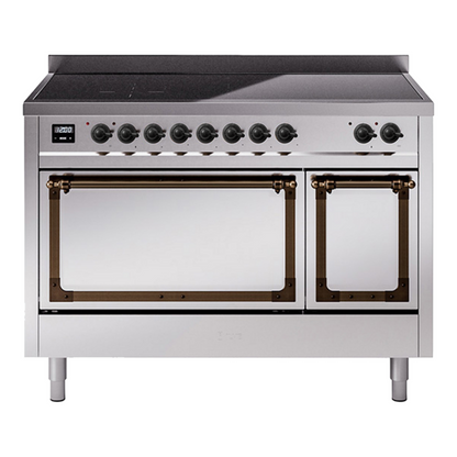 ILVE Nostalgie II 48-Inch Induction Range with 6 Induction Elements, 5.02 cu. ft. Oven, Stainless Steel with Burnished Trim, Solid Door, UNI486QNMPSSB