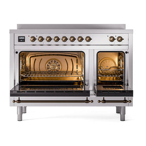 ILVE Nostalgie II 48-Inch Induction Range with 6 Induction Elements, 5.02 cu. ft. Oven, Stainless Steel with Burnished Trim, Solid Door, UNI486QNMPSSB