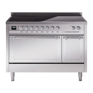 ILVE Nostalgie II 48-Inch Induction Range with 6 Induction Elements, 5.02 cu. ft. Oven, Stainless Steel with Chrome Trim, Solid Door, UNI486QNMPSSC