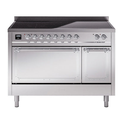 ILVE Nostalgie II 48-Inch Induction Range with 6 Induction Elements, 5.02 cu. ft. Oven, Stainless Steel with Chrome Trim, Solid Door, UNI486QNMPSSC