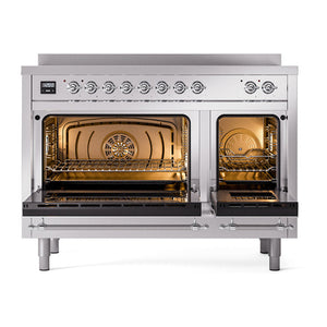 ILVE Nostalgie II 48-Inch Induction Range with 6 Induction Elements, 5.02 cu. ft. Oven, Stainless Steel with Chrome Trim, Solid Door, UNI486QNMPSSC