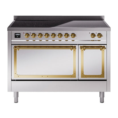 ILVE Nostalgie II 48-Inch Induction Range with 6 Induction Elements, 5.02 cu. ft. Oven, Stainless Steel with Brass Trim, Solid Door, UNI486QNMPSSG